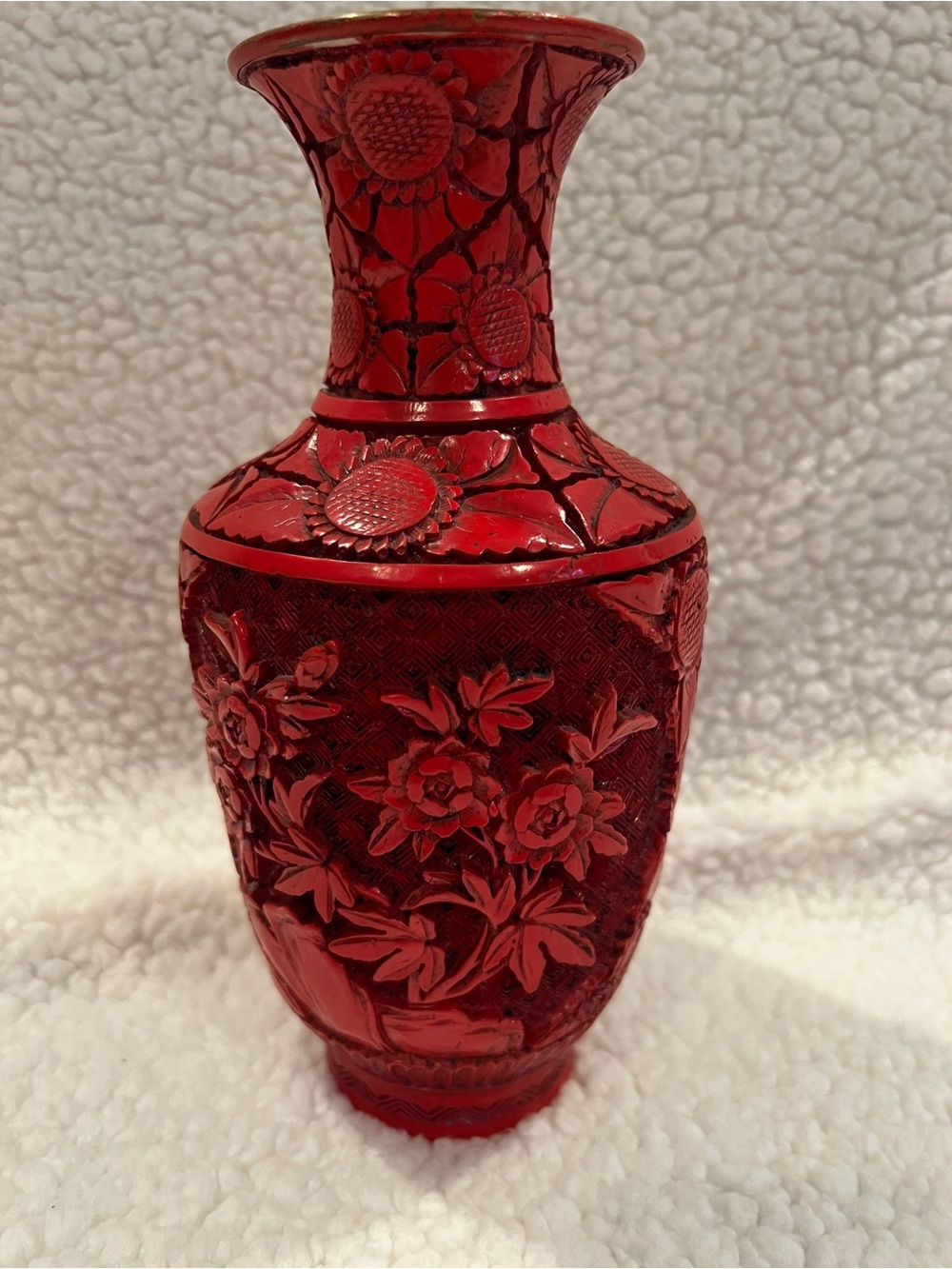 Vintage Chinese Cinnabar Style Carved Red Lacquer Brass Floral Vase , 9”